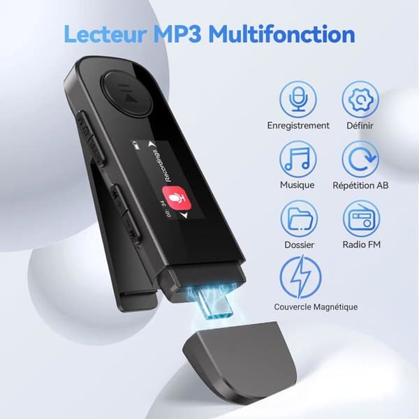 AGPTEK 64GB USB C Mp3-spelare med Bluetooth 5.3, Type-C MP3 HiFi förlustfri musik med FM-radio/inspelare