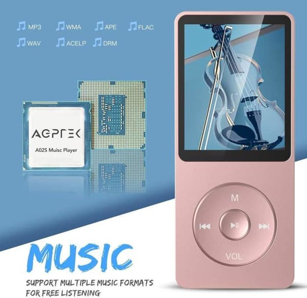 AGPTEK MP3-spelare - 8GB - 1,8” skärm - FM-radio - Lång batteritid - Rose Gold