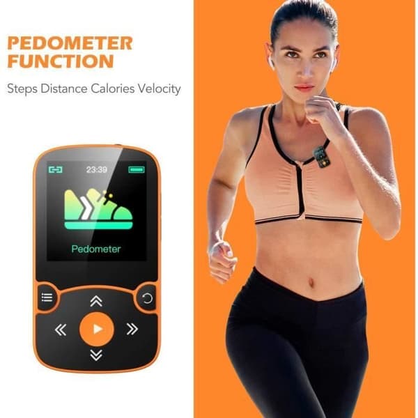 AGPTEK Bluetooth 5.0 Sport MP3-spelare med 32GB Clip HiFi Music Walkman, FM-radio/stegräknare, Orange