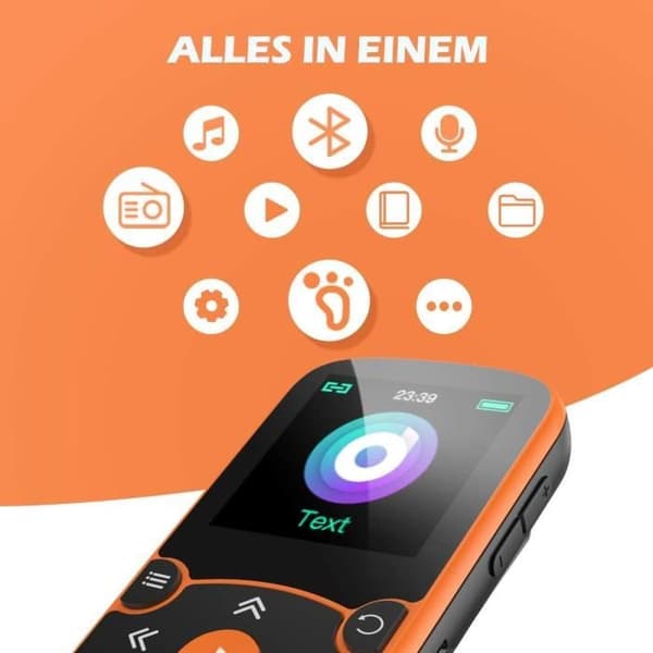 AGPTEK Bluetooth 5.0 Sport MP3-spelare med 32GB Clip HiFi Music Walkman, FM-radio/stegräknare, Orange