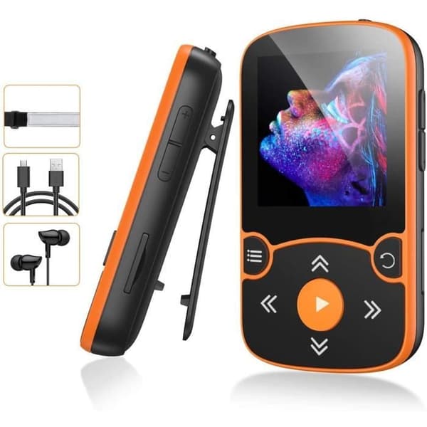 AGPTEK Bluetooth 5.0 Sport MP3-spelare med 32GB Clip HiFi Music Walkman, FM-radio/stegräknare, Orange