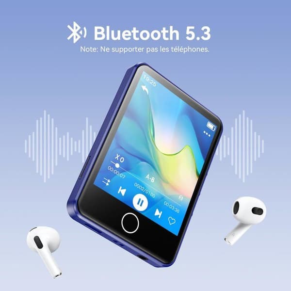 AGPTEK 64GB MP3-spelare, Bluetooth 5.3 MP3-spelare, 2,8 tums full pekskärm, Inbyggd högtalare, HiFi-ljudkvalitet, Blå
