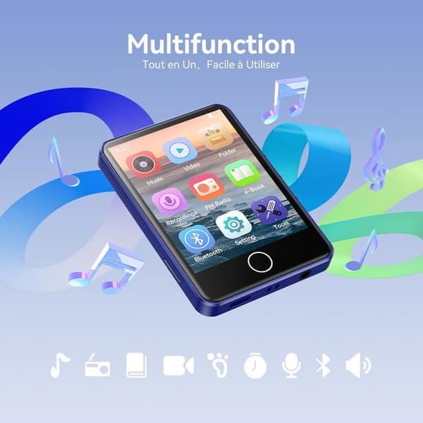 AGPTEK 64GB MP3-spelare, Bluetooth 5.3 MP3-spelare, 2,8 tums full pekskärm, Inbyggd högtalare, HiFi-ljudkvalitet, Blå