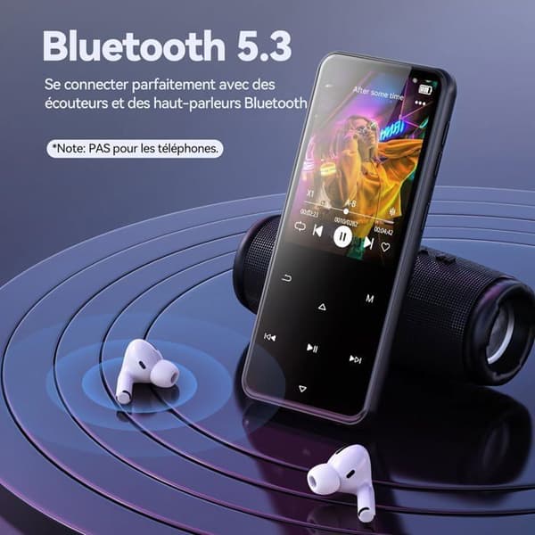 AGPTEK 64GB MP3 Bluetooth 5.3, 2.4'' stor skärm, HiFi Music Player-högtalare med pekknapp/FM-radio/inspelare, svart