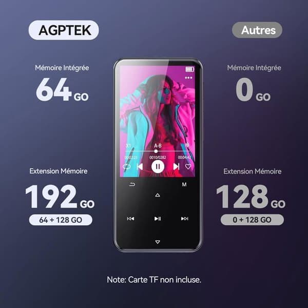 AGPTEK 64GB MP3 Bluetooth 5.3, 2.4'' stor skärm, HiFi Music Player-högtalare med pekknapp/FM-radio/inspelare, svart