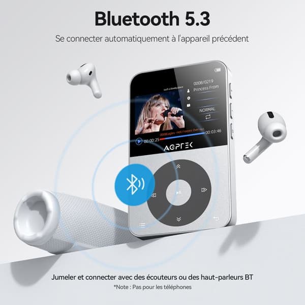 AGPTEK 64GB MP3 Bluetooth 5.3, 2.3 tums landskapsskärm Musikspelare HiFi Audio Metal Walkman med stegräknare/radio - Silver