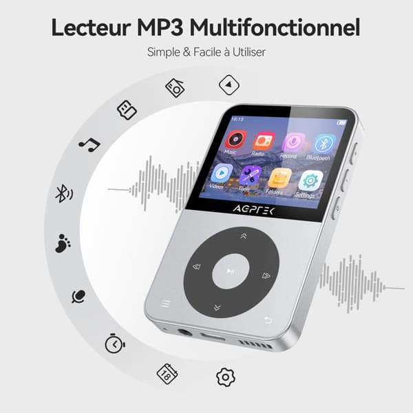 AGPTEK 64GB MP3 Bluetooth 5.3, 2.3 tums landskapsskärm Musikspelare HiFi Audio Metal Walkman med stegräknare/radio - Silver