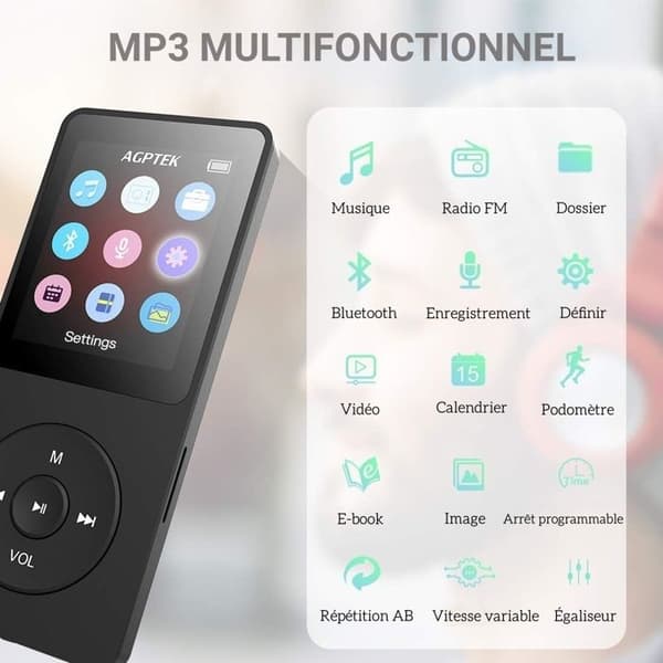 AGPTEK 32GB MP3 Bluetooth 5.3 med högtalare Musikspelare 70H Ultralång batteritid, FM-radioinspelning, utan hörlurar