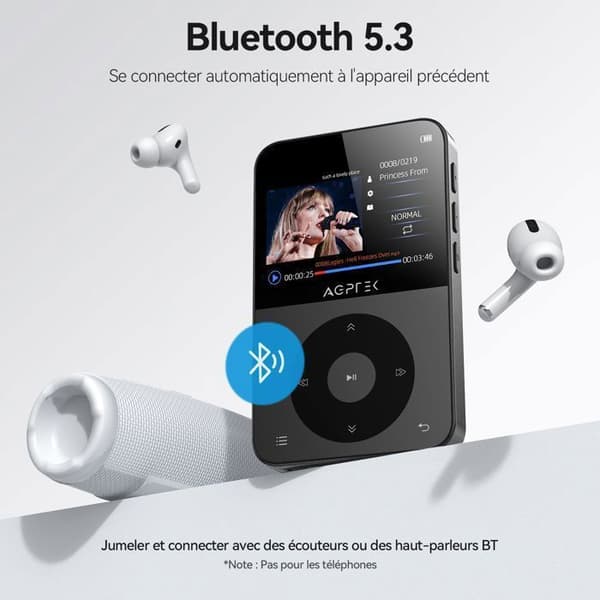 AGPTEK 64GB MP3 Bluetooth 5,3, 2,3 tums landskapsskärm Musikspelare Sport HiFi Metal Audio Walkman med stegräknare/radio Svart