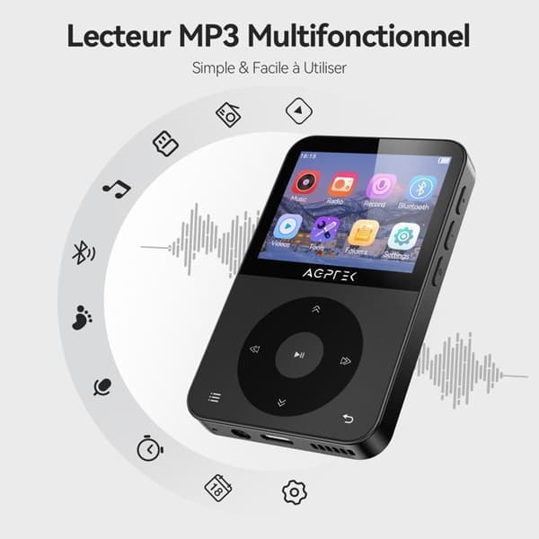AGPTEK 64GB MP3 Bluetooth 5,3, 2,3 tums landskapsskärm Musikspelare Sport HiFi Metal Audio Walkman med stegräknare/radio Svart