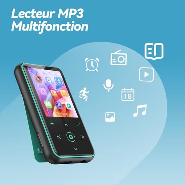 AGPTEK 64GB Bluetooth 5.3 MP3-spelare med klämma, 1,8 tums HiFi-sportmusikspelare med FM-radio/stegräknare/inspelare - blå