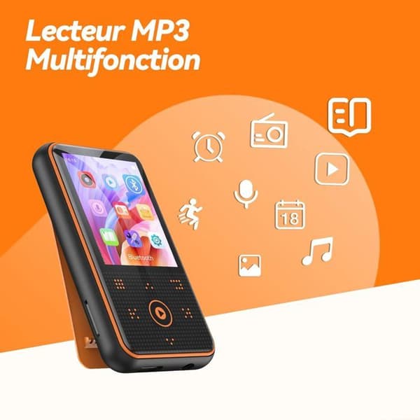 AGPTEK 64GB Bluetooth 5.3 MP3-spelare med klämma, 1,8 tums HiFi-sportmusikspelare med FM-radio/stegräknare/inspelare - Orange