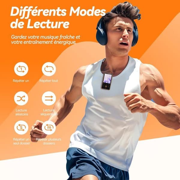 AGPTEK 64GB Bluetooth 5.3 MP3-spelare med klämma, 1,8 tums HiFi-sportmusikspelare med FM-radio/stegräknare/inspelare - Orange