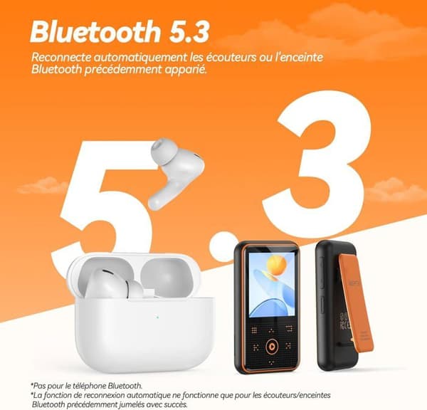 AGPTEK 64GB Bluetooth 5.3 MP3-spelare med klämma, 1,8 tums HiFi-sportmusikspelare med FM-radio/stegräknare/inspelare - Orange