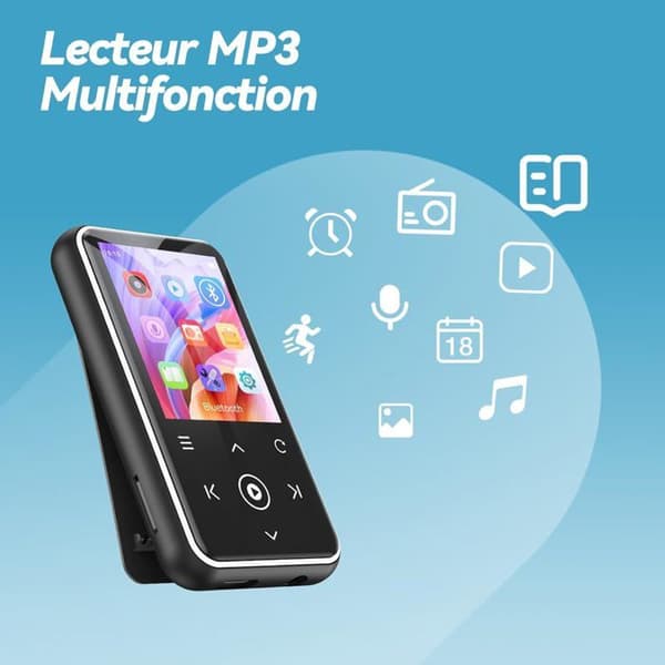 AGPTEK 64GB Bluetooth 5.3 MP3-spelare med klämma, 1,8 tums HiFi-sportmusikspelare med FM-radio/stegräknare/inspelare - Vit