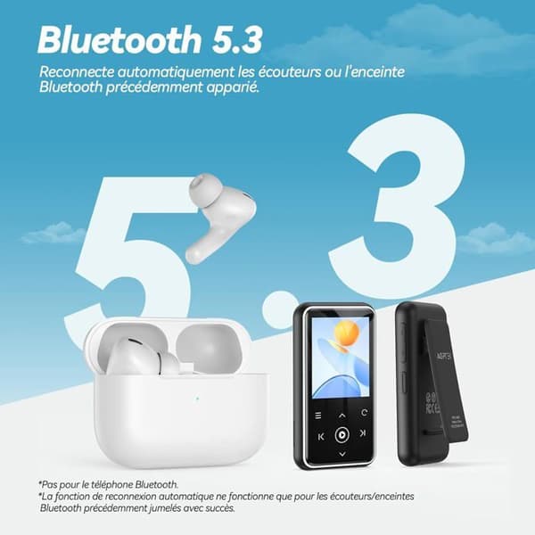 AGPTEK 64GB Bluetooth 5.3 MP3-spelare med klämma, 1,8 tums HiFi-sportmusikspelare med FM-radio/stegräknare/inspelare - Vit