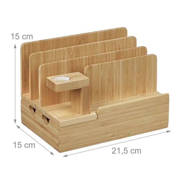 Relaxdays laddningsstation, smartklocka, bambu, HxLxB: 15 x 21,5 x 15 cm, stöd, för bord, natur