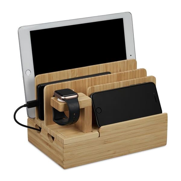 Relaxdays laddningsstation, smartklocka, bambu, HxLxB: 15 x 21,5 x 15 cm, stöd, för bord, natur