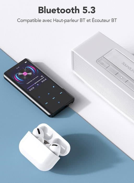 AGPTEK 64GB Bluetooth 5,3 MP3-högtalare, 2,4 tum stor skärm musikspelare Sport HiFi Metal Audio med FM-radio, svart