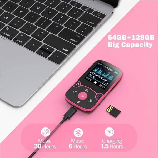 AGPTEK 64GB MP3 Bluetooth Sport med klämma, bärbar HiFi Walkman, musikspelare med FM-radio/stegräknare, expanderbar till 192GB-rosa