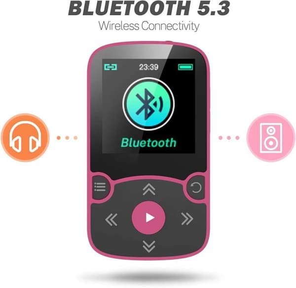 AGPTEK 64GB MP3 Bluetooth Sport med klämma, bärbar HiFi Walkman, musikspelare med FM-radio/stegräknare, expanderbar till 192GB-rosa