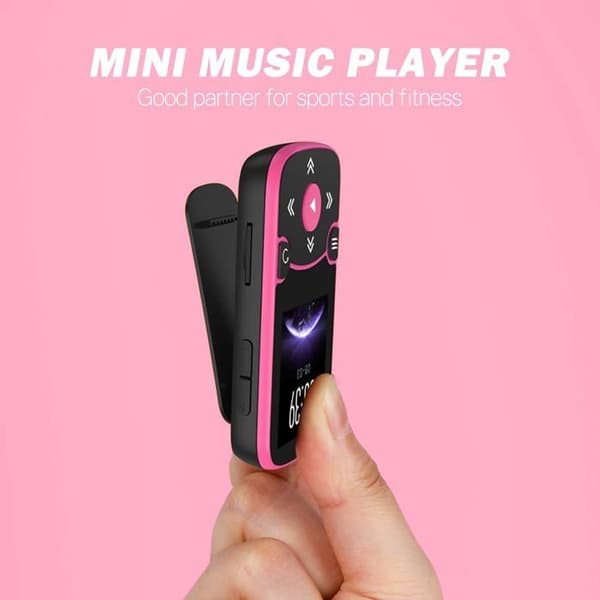AGPTEK 64GB MP3 Bluetooth Sport med klämma, bärbar HiFi Walkman, musikspelare med FM-radio/stegräknare, expanderbar till 192GB-rosa