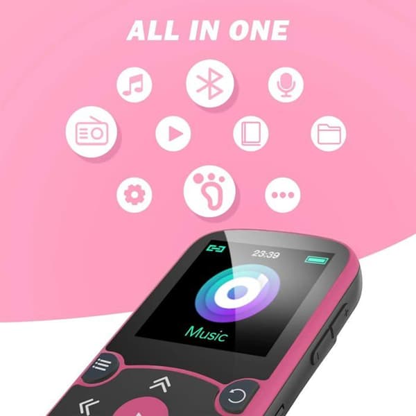 AGPTEK 64GB MP3 Bluetooth Sport med klämma, bärbar HiFi Walkman, musikspelare med FM-radio/stegräknare, expanderbar till 192GB-rosa
