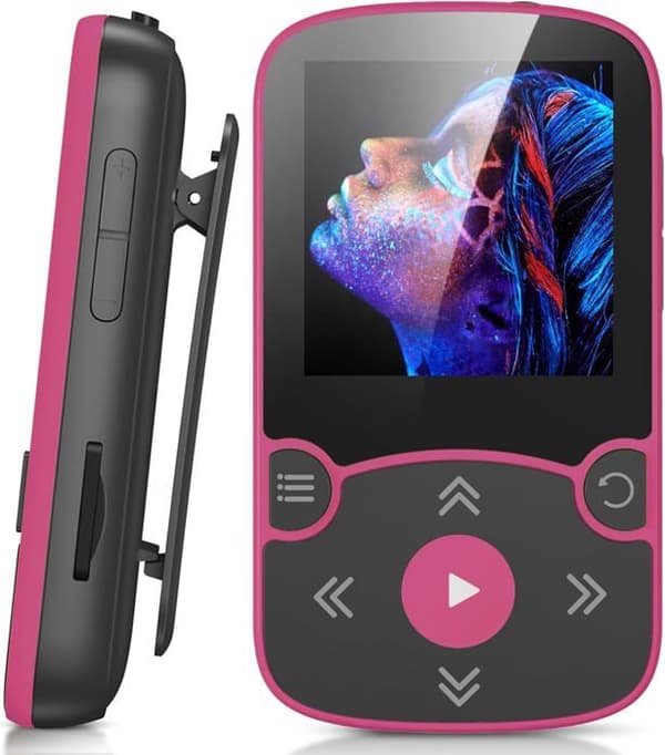 AGPTEK 64GB MP3 Bluetooth Sport med klämma, bärbar HiFi Walkman, musikspelare med FM-radio/stegräknare, expanderbar till 192GB-rosa