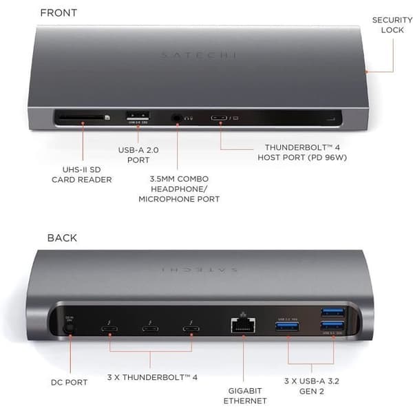 Thunderbolt 4 Dock - Satechi - 12-i-1 - USB-C Thunderbolt 3-4 - 96W - Grå