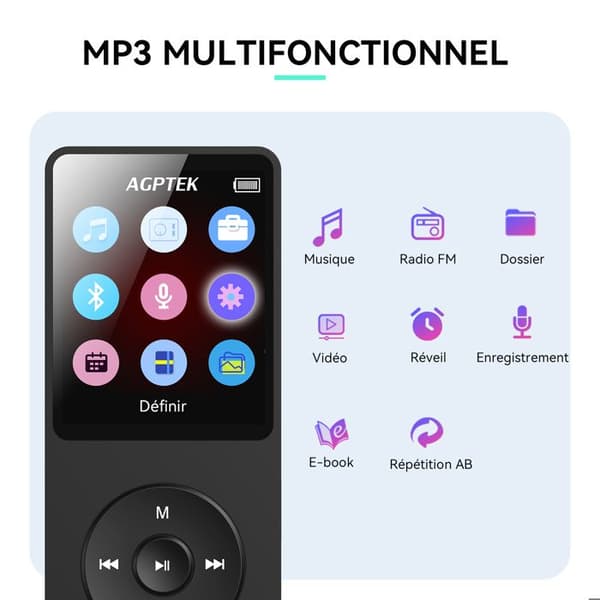 AGPTEK MP3-spelare Lång batteritid Upp till 70 timmar musikspelare med FM-radio, inspelning, TF-kort upp till 128 GB-svart