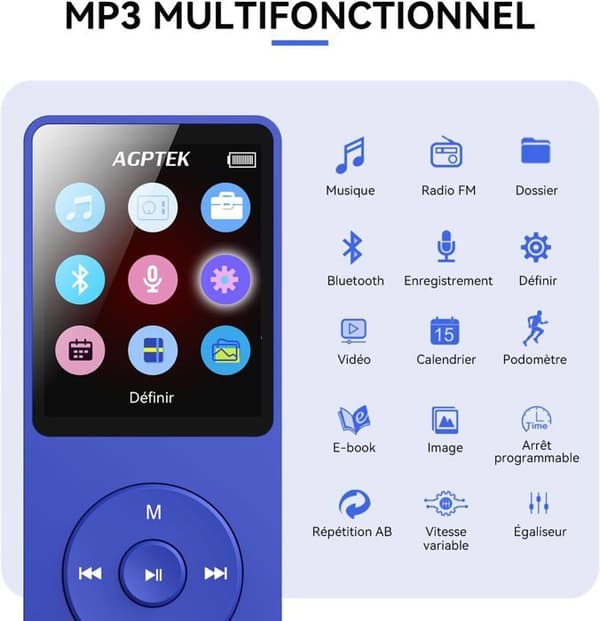 AGPTEK 32GB MP3 Bluetooth 5.3 med högtalare Musikspelare 70H Ultralång batteritid, FM-radioinspelning, utan hörlurar