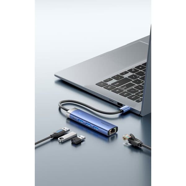 Vention 5-i-1 USB 3.0 till RJ45/3xUSB 3.0/USB-C Blå Aluminiumlegering Typ