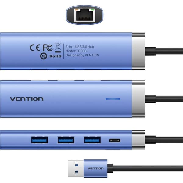 Vention 5-i-1 USB 3.0 till RJ45/3xUSB 3.0/USB-C Blå Aluminiumlegering Typ