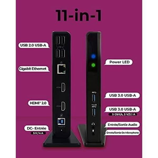 ICY BOX USB 3.0 & USB-C dockningsstation med 2 HDMI, 6-vägs USB-hubb, LAN, ljud, med stativ, svart