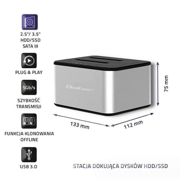 Qoltec dockningsstation 2xHDD/SSD, USB 3.0 - 5901878503165