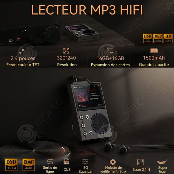 INN MP3 HiFi-spelare 2.4 tum 16GB+16GB MP3 med Bluetooth DSD DAC Audiophile-spelare Lithium-ion-batteri 1500mAh 10 timmar Svart