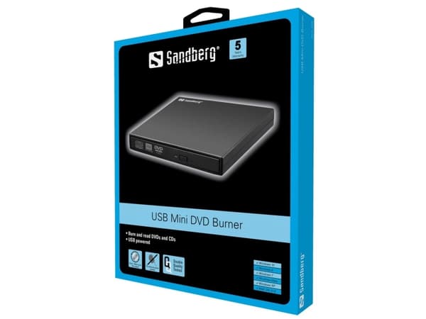 Sandberg USB Mini DVD Burner optisk diskstasjon DVD Super Multi Sort