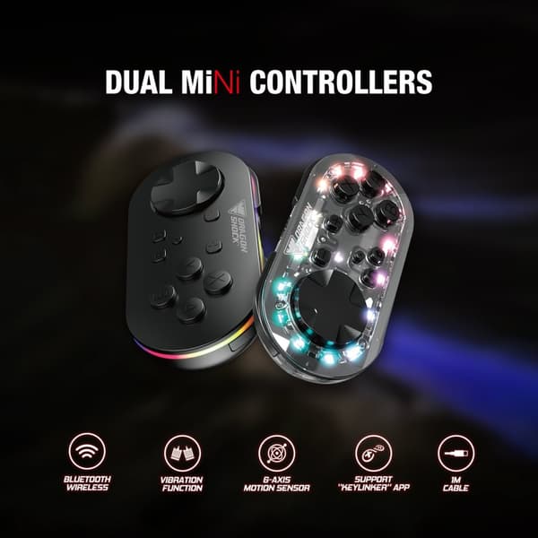 DragonShock - Trådlöst minikontrollpar Glow-Fusion & Svart för Nintendo Switch, Switch OLED, PC, Android och IOS