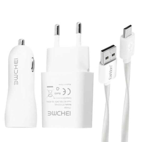 Pack 3 in 1 Nätladdare 2.1A billaddare 2.1A och mikro-USB-kabel Vit
