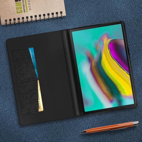 Hus - Samsung - Galaxy Tab S5e - Ekoskinn - Kortfack - Stödfråga - Svart