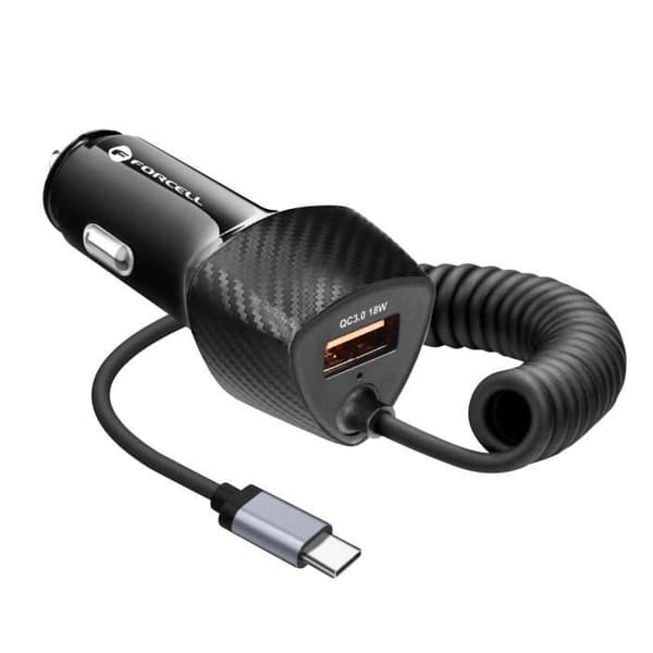 Laddare Bil - Forcell - 38W - QC 3.0 - Integrerad USB-C-kabel - Kolfiber svart