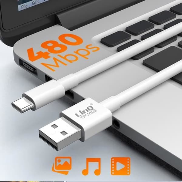 Kabel USB till USB typ C Charge and Synchro Snabbladdning 5A 3m LinQ Vit