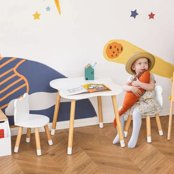 Rootz 3-delat bordsset för barn - välvd barnsittgrupp - bord med 2 stolar - MDF bordsben av furu - Vit + naturträ - 56 x 56 x 50 cm