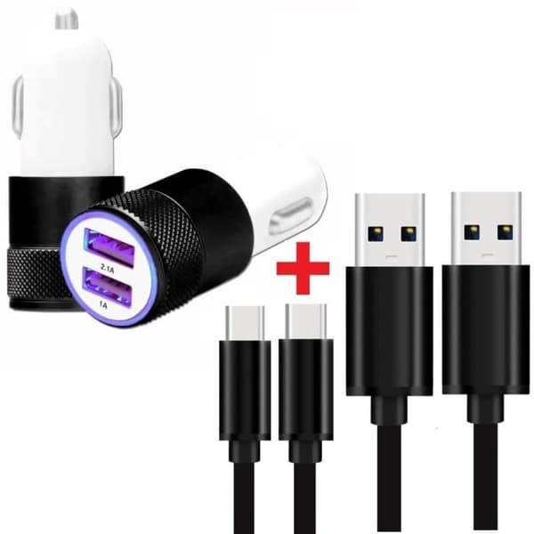 Autoladdarpaket + 1 USB-C-kabel för Blackview Tab 16 Ultrakraftig och snabb laddare 2X (5V - 2.1A) + 1 1M kabel - SVART