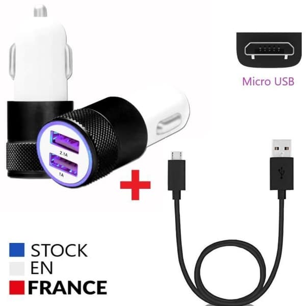 Autoladdarpaket + 1 mikro-USB-kabel för Huawei Enjoy 20e Helio P35 Ultrakraftig 2X-laddare (5V - 2.1A) + 1 1M kabel - SVART