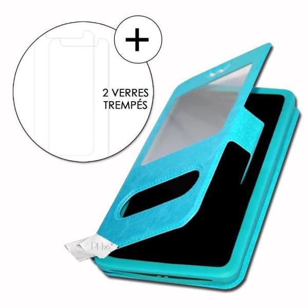 Super Pack-fodral för Samsung Galaxy A30s Extra Slim 2 Windows Eco-läder + hög transparens härdat glas TURKOSBLÅ
