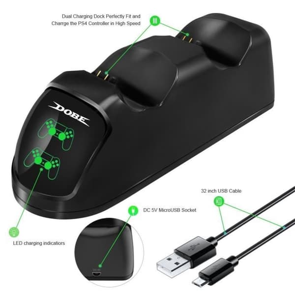 PS4 Dual Dock USB-laddning med LED-indikator Laddningsstation för PS4 / PS4 Slim / PS4 Pro Controller Svart