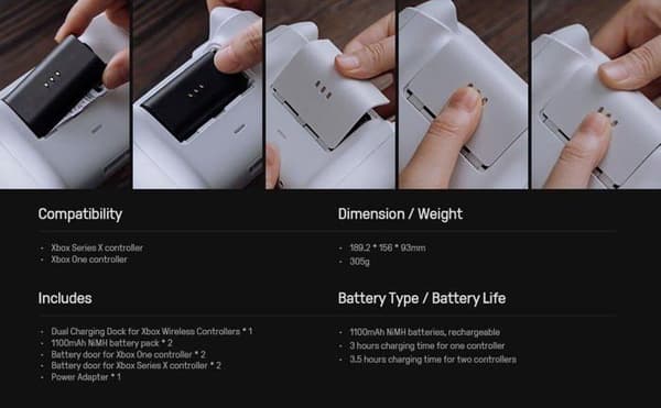 8bitdo dubbel laddningsdocka för trådlösa Xbox-kontroller Vit. EU-PLUGS STRÖMADAPTER, BATTERIER INGÅR