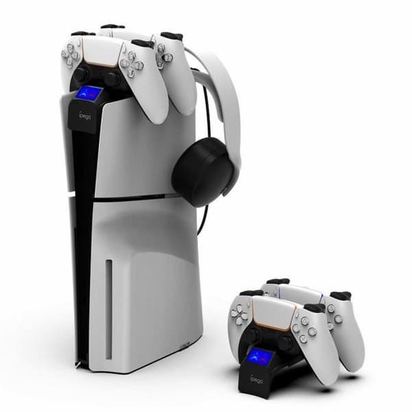 Dubbel laddningsstation för PS5 Slim med headset- och kontrollstativ Ipega Vit / Svart