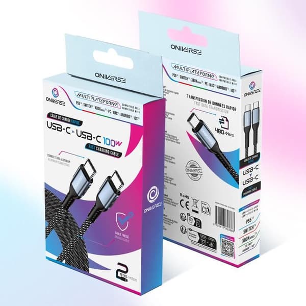 USB-C-kabel - Oniverse - 100W - 2m - Flätad - Kompatibel med PS5, Xbox, Switch, PC, Mac, iPhone 15